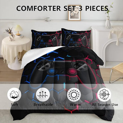 Axolotl Gamer Comforter Sets Queen,Geometric Honeycomb Gaming Bedding Sets,Video Games Comforter,Gaming Bedding Set,Game Console Comforter Set for Kids Boys Girls Teens,1 Quilt 2 Pillowcases,Blue Red