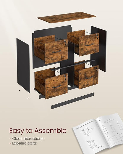 VASAGLE 4-Drawer File Cabinet, Filing Cabinet for Home Office, Printer Stand, with 4 Lockable Drawers, Adjustable Hanging Rail, for A4 and Letter-Size Files, Rustic Brown UOFC062B01