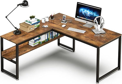 L Shaped Desk, Office Computer Corner Desk, 55 inch Home Gaming Desk Table, Writing Study Workstation with Storage Shelves for Home Office, Space-Saving, Industrial, Rustic Brown
