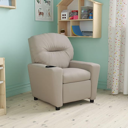 Flash Furniture Chandler Vinyl Kids Recliner with Cup Holder and Safety Recline, Contemporary Reclining Chair for Kids, Supports up to 90 lbs., Beige