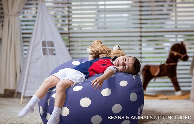 Aubliss Stuffed Animal Storage Bean Bag Chair Cover (No Beans), Stuff and Sit Storage Bean Bag for Kids Toy Storage, Medium 32"-Canvas Dot Navy