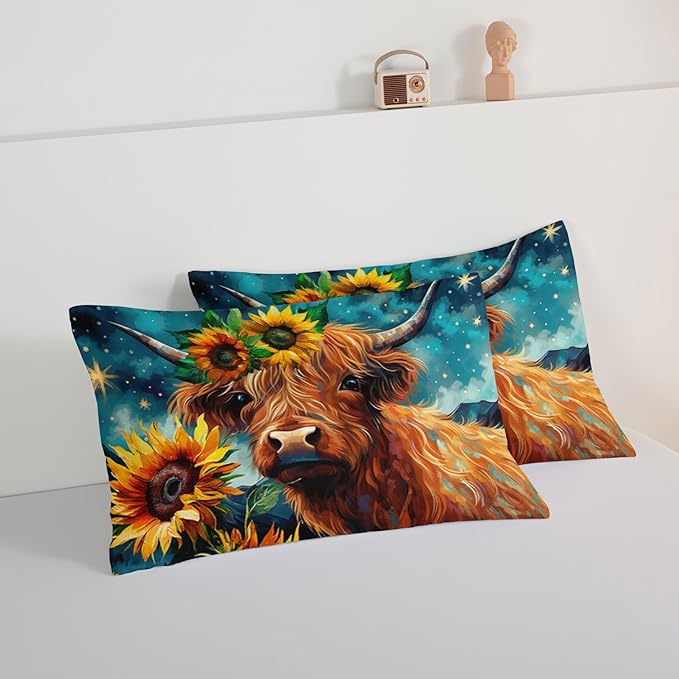 HOSIMA Highland Cow Comforter Set,Western Farmhouse Animals Cow and Sunflower Print Bedding Set 3Pcs with 2 Pillowcases,Galaxy Star Moon King Size Comforter Set,Floral Wild Animal Room Decor.