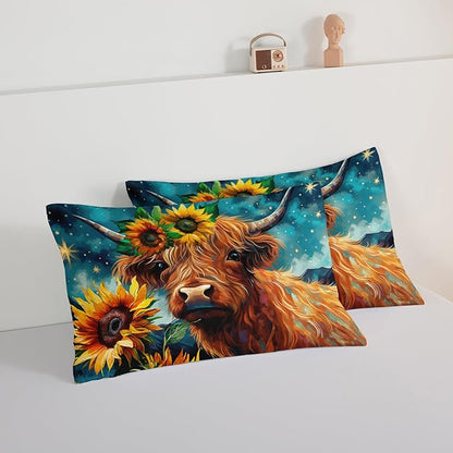 HOSIMA Highland Cow Comforter Set,Western Farmhouse Animals Cow and Sunflower Print Bedding Set 3Pcs with 2 Pillowcases,Galaxy Star Moon King Size Comforter Set,Floral Wild Animal Room Decor.