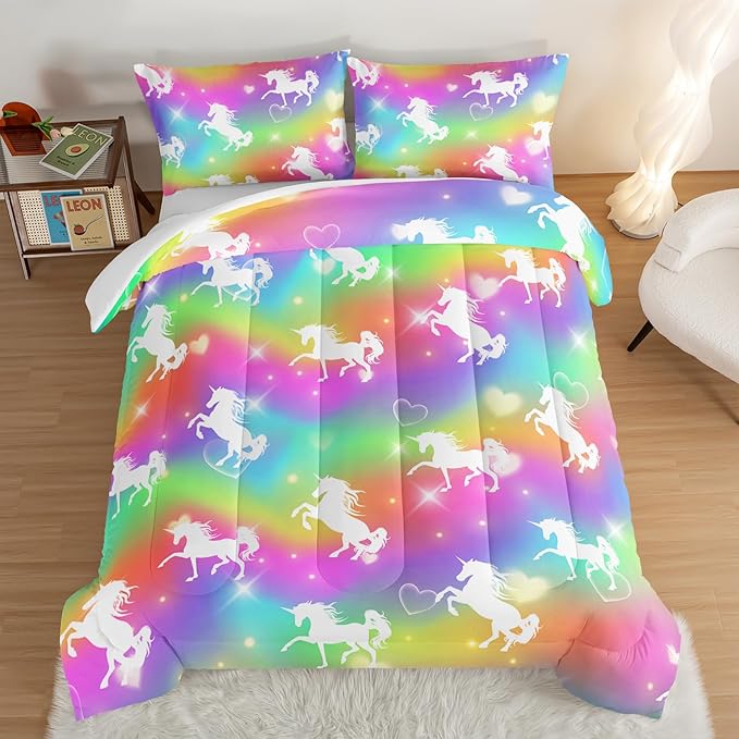 HOSIMA Unicorn Bedding 3pcs Rainbow Comforter Set with 2 Pillowcases,Sparkle Stars King Size Comforter Set for Adults Teen Girls,Cute Rainbow Unicorn Comforter Princess Toddler Bedding Set.