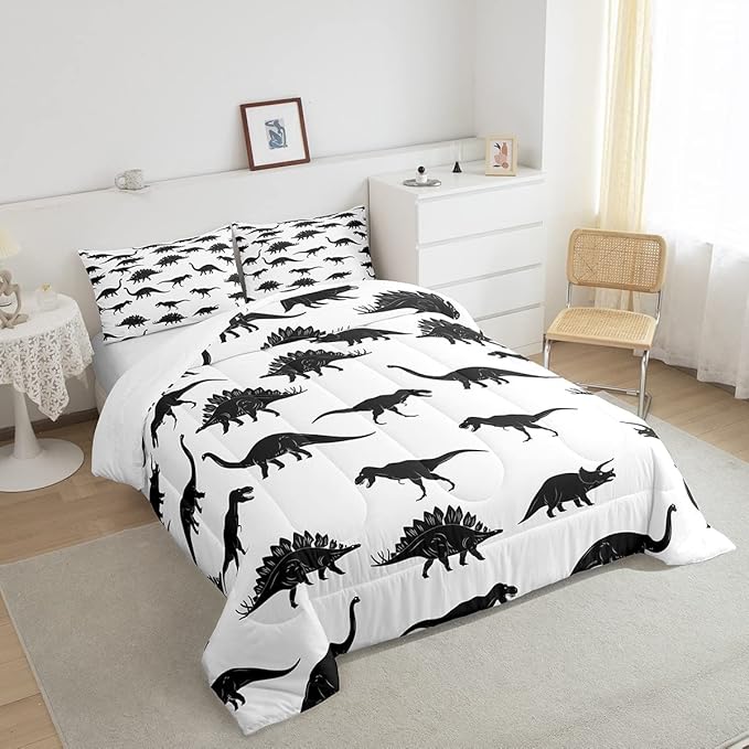 Erosebridal Dinosaur Down Comforter Dino Silhouettes Bedding Set King Size, Wildlife Animals Black White Comforter Sets for Kids Boys Teens Adult Bedroom, Dinosaurs Comforter with 2 Pillow Cases