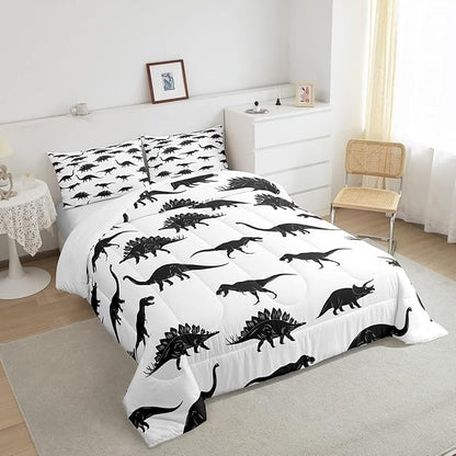 Erosebridal Dinosaur Comforter Set Dino Silhouettes Bedding Set Twin Size, Wildlife Animals Black White Duvet Sets for Kids Boys Teens Adult Bedroom Decor Dinosaurs Comforter with 1 Pillow Case