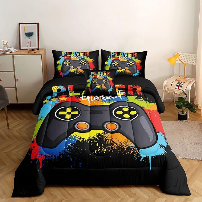 6 Pieces Gaming Bedding Set for Boys Gamer Comforter Set Full Size,Game Controller Comforter for Boys Kids 6 Pieces Bed in A Bag 3D Gamepad Microfiber Bedding Sets,DJT H5019 Full