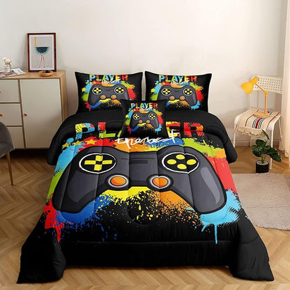 6 Pieces Gaming Bedding Set for Boys Gamer Comforter Set Queen Size,Game Controller Comforter for Boys Kids 6 Pieces Bed in A Bag 3D Gamepad Microfiber Bedding Sets,DJT H5019 Queen