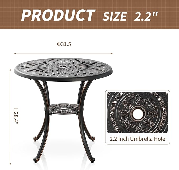 Cast Aluminum Patio Dining Set, Outdoor Bistro Set, 31.5"" Round Patio Table with Umbrella Hole, 2 Patio Chairs for Yard Porch Garden Balcony, Bronze 4