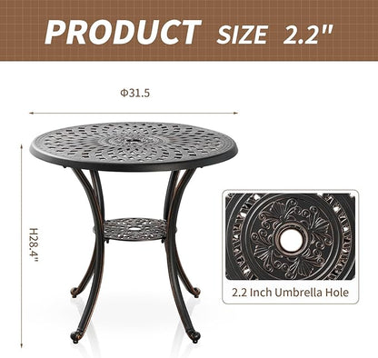 Cast Aluminum Patio Dining Set, Outdoor Bistro Set, 31.5" Round Patio Table with Umbrella Hole, 2 Patio Chairs for Yard Porch Garden Balcony