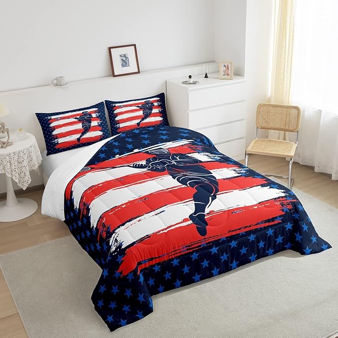 Lacrosse Comforter Set Full Size Boys Gilrs American Flag Sports Theme Bedding Set for Kids Adults Ultra Soft Lacrosse Player Games Comforter Navy Blue Duvet Set Room Decor Quilt Set