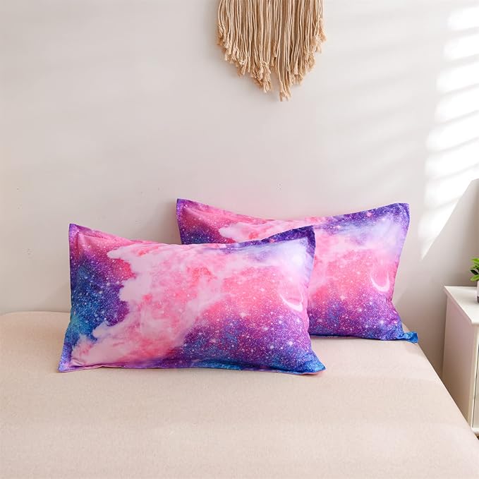 A Nice Night Galaxy Bedding Sets Outer Space Comforter 3D Printed Space Quilt Set Full Size Glitter Pink Color,for Children Boy Girl Teen Kids