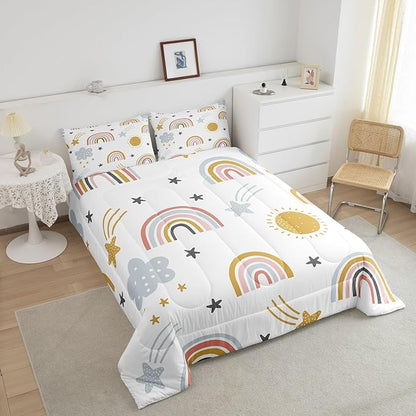 Rainbow Comforter Set for Girls, Sun and Stars Bedding Set King for Kids Boys Children Cartoon Cloud Bedding Comforters Girly Soft Microfiber Duvet Insert for Bedroom Decor, Rainbow Gifts For Kids
