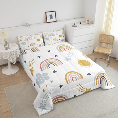 Erosebridal Girls Rainbow Bedding Set, Sun and Stars Comforter Set Full Size for Kids Boys Children Cartoon Style Cloud Bedding Comforters Girly Soft Microfiber Duvet Insert for Bedroom Decor
