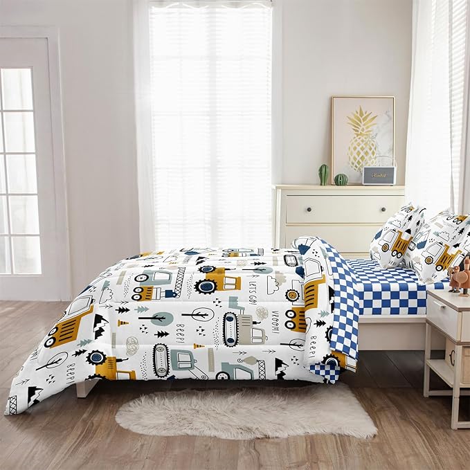 4-Pcs Construction Twin Size Boys Bedding Set, Kids Comforter Set for Teens w/Sheets and Pillowcase, Soft Cartoon Tractor Cars Bed in a Bag Sets
