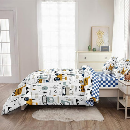 4-Pcs Construction Twin Size Boys Bedding Set, Kids Comforter Set for Teens w/Sheets and Pillowcase, Soft Cartoon Tractor Cars Bed in a Bag Sets