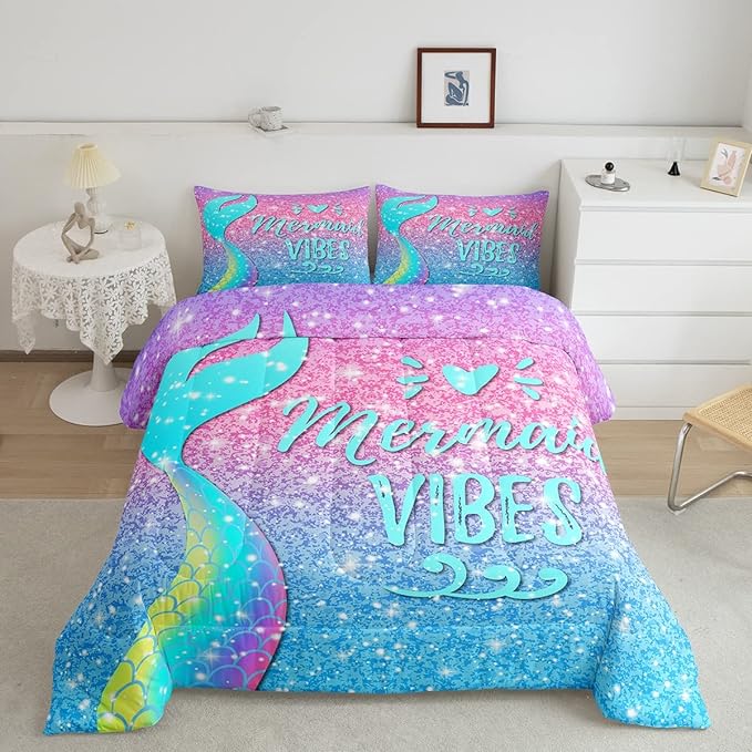 Girls Mermaid Tail Comforter Set Queen Kawaii Coastal Fish Scales Bedding Set Glitter Star Galaxy Comforter Blue Pink Pastel Ombre Set Princess Bed Set Ocean Animal Quilt Duvet 2 Pillowcases Teal