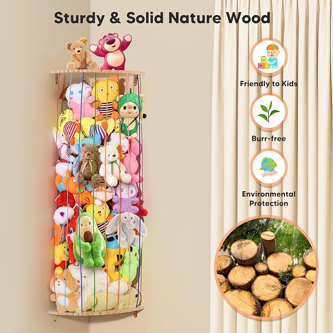 Stuffed Animal Storage Toy Organizer, Wood Corner Plushies Storage Wall Shelf Adjustable Length Stuffed Animal Holder, Large Kids Toy Storage for Nursery Playroom Bedroom Kid Room