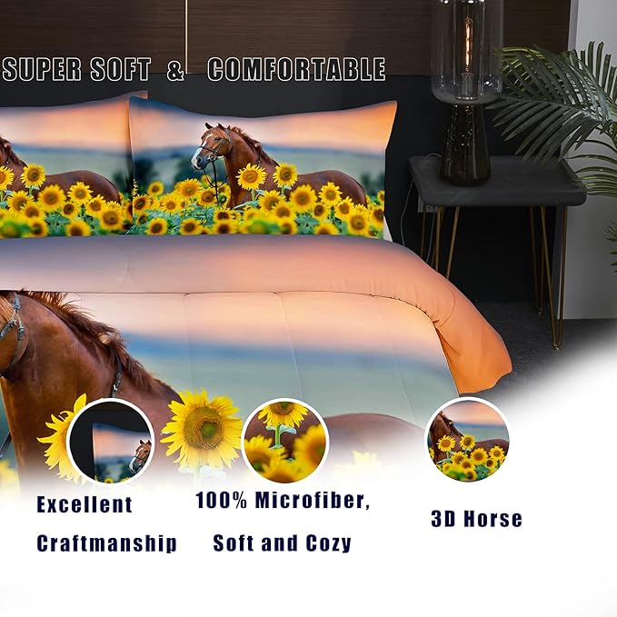 NINENINE Horse Comforter Bedding Set Full for Boys Teens,Horse Walking Among Sunflowers Pattern Printed Bedding Set,Sunflower Comforter Set,Soft Microfiber Quilt Set with Matching Pillowcase#5002