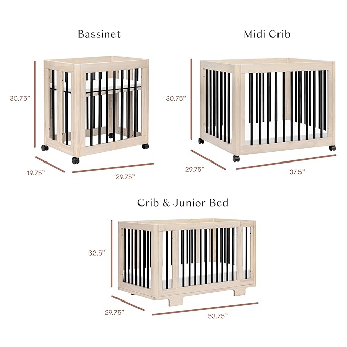 Babyletto Yuzu Convertible All-Stages Bassinet, Midi, Full-Size Crib in Washed Natural with Black, Greenguard Gold Certified, Portable & Adjustable with Conversion Kits and Pads Included