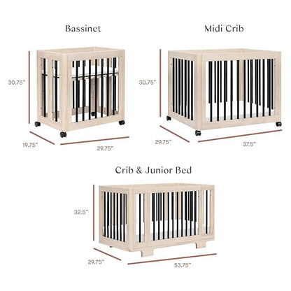 Babyletto Yuzu Convertible All-Stages Bassinet, Midi, Full-Size Crib in Washed Natural with Black, Greenguard Gold Certified, Portable & Adjustable with Conversion Kits and Pads Included