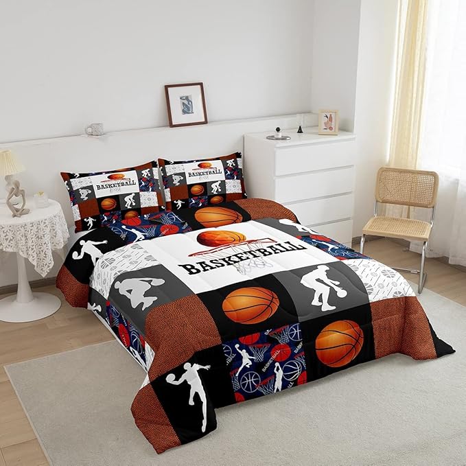 Basketball Twin Comforter Set For Boys Sports Bedding Set Basketball Athlete Bed Comforter Sets Patchwork Style Orange Black White Grey Soft Lightweight Quilt Duvet Insert 1 Pillow Case Room Decor
