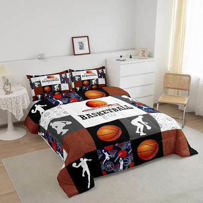 Basketball King Comforter Set For Boys Sports Bedding Set Basketball Athlete Bed Comforter Sets Patchwork Style Orange Black White Grey Soft Lightweight Quilt Duvet Insert 2 Pillow Cases Room Decor