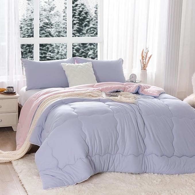 COTTEBED Reversible Ultra-Soft Warm King Size Comforter Set, California Cal King Down Comforter Cozy Fully Breathable Bedding 1 Down Alternative Quilt and 2 Pillowsham Winter Pink and Purple