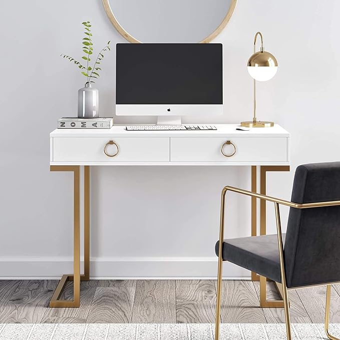 Nathan James Leighton Two-Drawer Writing Glam Accents Brass, Home Office Computer Desk or Vanity Table, 2, White/Gold, Small