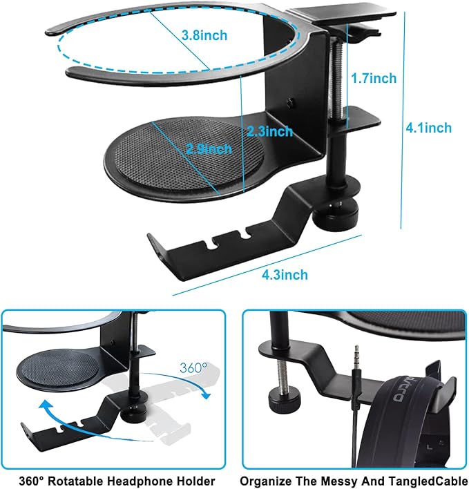 Desk Cup Holder, 2-in-1 Adjustable & 360° Rotating Office Gaming Desk Accessories for Under Desk Headphone Stand Hanging Headset, Holding Coffee Mug, Drinks, Water Bottle – Black