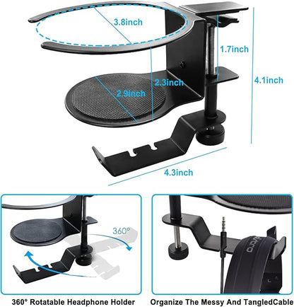 Desk Cup Holder, 2-in-1 Adjustable & 360° Rotating Office Gaming Desk Accessories for Under Desk Headphone Stand Hanging Headset, Holding Coffee Mug, Drinks, Water Bottle – Black
