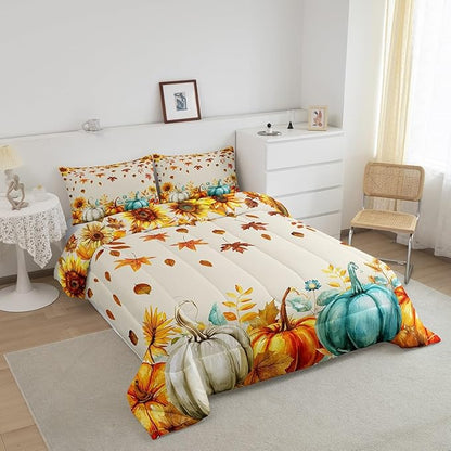 Fall Pumpkin Bedding Set For Home Full Thanksgiving Harvest Season Fruit Decor Comforter Set Autumn Fall Maple Leaf Quilt Comforter for Kids Teen Adults,Rustic Farm Sunflower Bed Sets 2 Pillow Cases