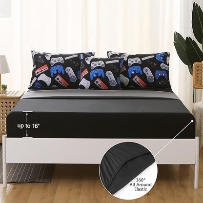 6Pcs Game Console Comforter Set with Sheets for Boys Girls Kids Teens, Gamepad Collection Themed Bed in A Bag Twin Size, 3D Video Gamer Controller Bedroom Decor Bedding Set