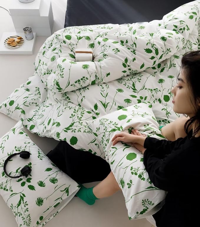Botanical Comforter Set King White and Sage Floral Plant Bedding Comforter Set Girls Garden Pattern Printed on White Blanket Rustic Leaf Blossom Women White Farmhouse Comforter King