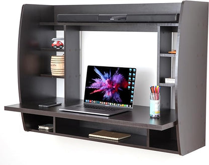 Wall Mount Laptop Office Desk with Shelves, Black,