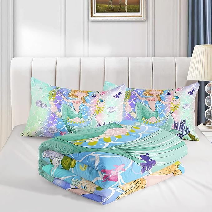 CVHOUSE Mermaid Comforter Set,Ocean Sea Mermaid Bedding Set for Girls Kids Teens,Mermaid Comforter Butterflies Duvet Set Room Decor Quilt Set Full Size