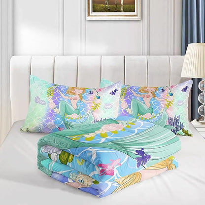 CVHOUSE Mermaid Comforter Set,Ocean Sea Mermaid Bedding Set for Girls Kids Teens,Mermaid Comforter Butterflies Duvet Set Room Decor Quilt Set Full Size