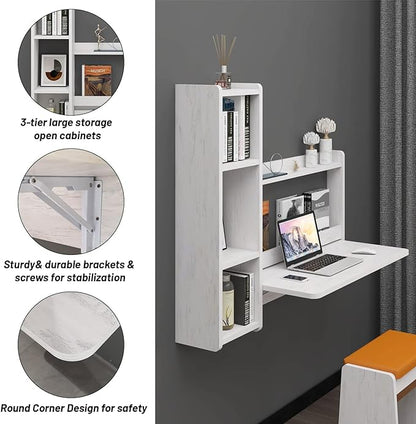 Pmnianhua Floating Desk,41'' Wall Mounted Desk Fold Down Laptop Desk Folding Space Saving Table Workstation with Storage Shelves for Bedroom Study Room Small Space (Off White-Left)