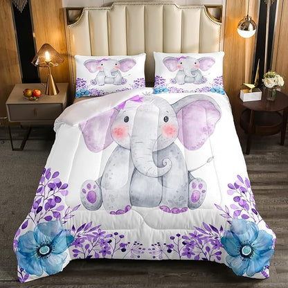 Kids Elephant Bedding Set Cute Animal Comforter Set Twin For Girls Boys Kawaii Room Decor, Flower Branches Duvet Sets Cartoon Elephant With Floral Down Comforter With 1 Pillow Case, Purple Blue