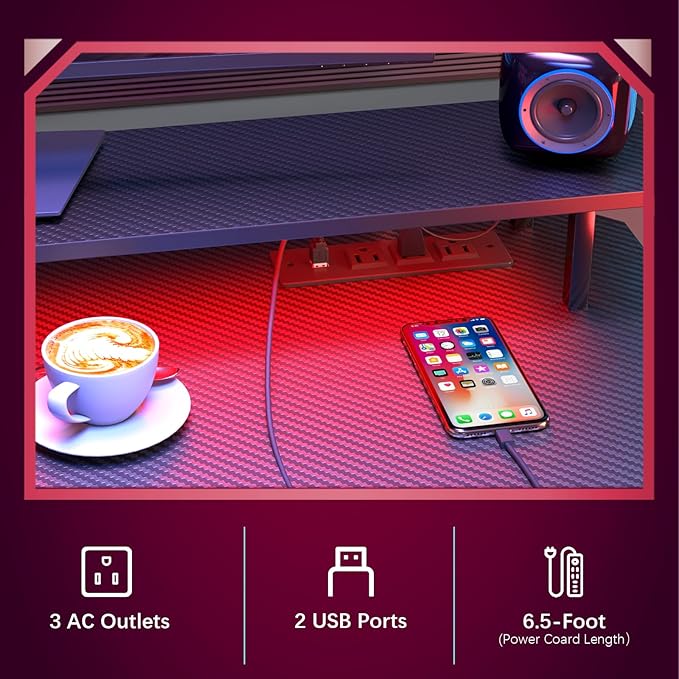 Gaming Desk with Power Outlets & LED Strip Lights,Computer Desk with Large Monitor Stand, Gamer Workstation with Stylish Metal Legs,Headphone Hook&Cup Holder for Home Office