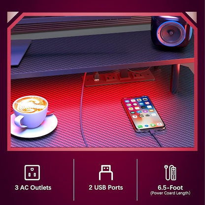 Gaming Desk with Power Outlets & LED Strip Lights,Computer Desk with Large Monitor Stand, Gamer Workstation with Stylish Metal Legs,Headphone Hook&Cup Holder for Home Office