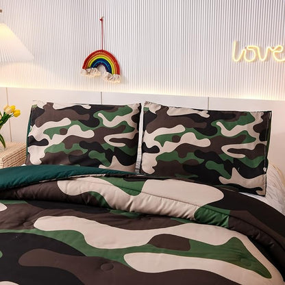 Meeting Story Camouflage Bedding Set, Colorful Pattern Style Comforter Set, 5 PCS One Comforter Two Pillowcases Two Sheets in One Bag, All Season Bedspread for Teens Adults (Green, Full 5Pcs)