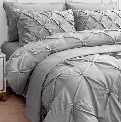 Lane Linen California King Comforter Set, 7 Piece Cal King Bed in a Bag, Pintuck Cal King Bedding Set, Soft Cali King Bed Set, Cal King Bedding Comforter Sets with Sheets, Pillowcases & Shams - Silver