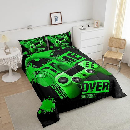 Gamer Comforter Sets for Boys Teens Gaming Comforter Twin Size Kids Youth Video Game Comforter Set Green Black Room Decor Headphone Gamepad Bedding Set Reversible Quilt Set for All Season 2Pcs