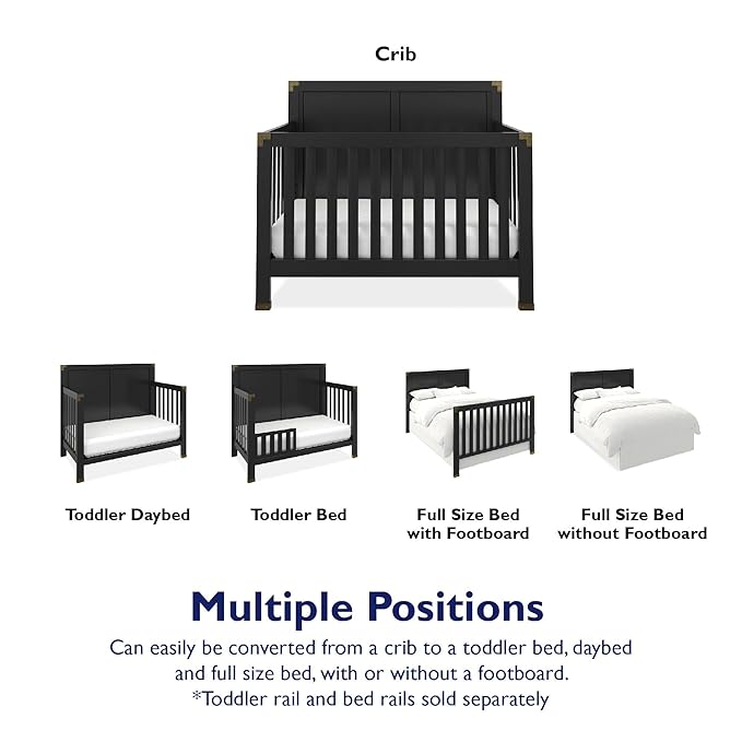 Baby Relax Miles 5-in-1 Convertible Crib, Solid Pine Wood, Black