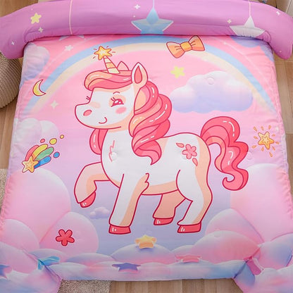 Aimuan Girls Unicorn Comforter Set 3 Pieces Pink Purple Bedding Set with Rainbow Star Galaxy Stars Fantasy Children Room Decor Soft Reversible Bed Sets for Boys/Girls/Teens (Pink Twin3Pcs)