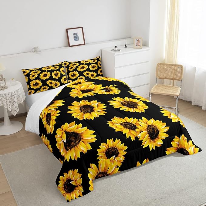 Erosebridal Yellow Sunflowers Bedding Black Yellow Comforter Set Gold Yellow Sunflowers Printed Luxury Black Boys Girls Bedding Sets Twin 1 Down Comforter 1 Pillowcase (Twin, Black Sunflowers)
