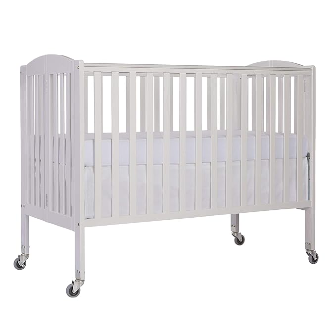Folding Full Size Convenience Crib In White, Two Adjustable Mattress Height Positions, Comes With Heavy Duty Locking Wheels, Flat Folding Crib