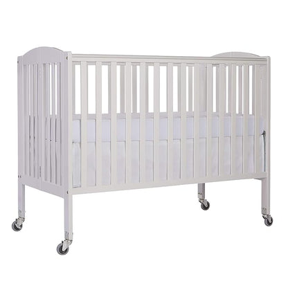 Folding Full Size Convenience Crib In White, Two Adjustable Mattress Height Positions, Comes With Heavy Duty Locking Wheels, Flat Folding Crib