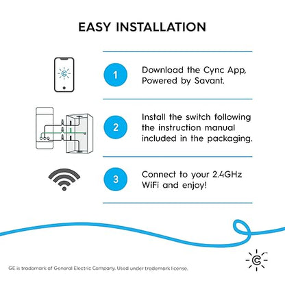 GE CYNC Smart Light Switch, Paddle Style, No Neutral Wire Required, Bluetooth and 2.4 GHz WiFi 3-Wire Switch, Works with Amazon Alexa and Google Home, White (1 Pack)